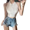 Spring flowers Women Half Zip Tank Tops, Sleeveless Solid Color Rib Knit Slim Fit Halter Crop Tops. 