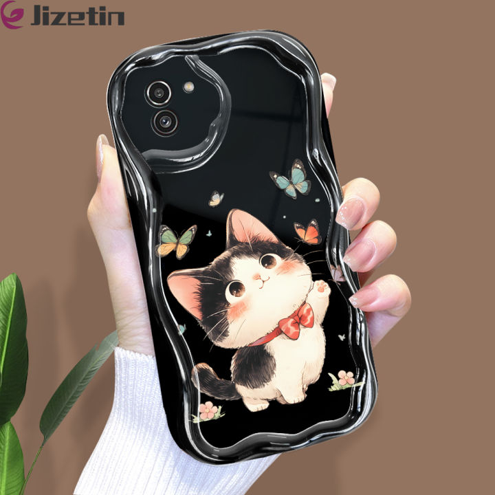 Jizetin for Samsung A03 Back Cover Kitten Playing Butterfly Cream Wavy Edge Soft Silicone Phone Case