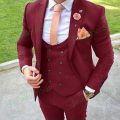 New Tailor Made Peak Lapel Burgundy Men Suits 2022 Slim Fit Groom Tuxedo 3 Piece Male Blazer +Pant+Vest Costume Homme Mariage. 