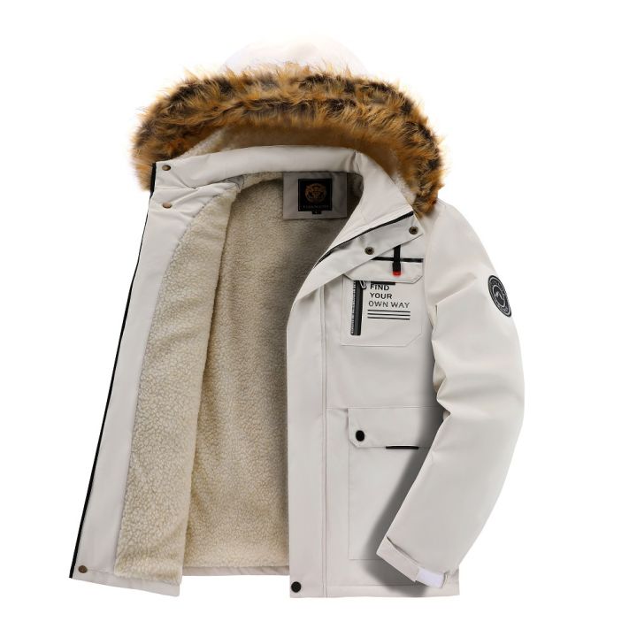 Hooded Jacket Men's Trench Coat Mid-Length Fleece-lined