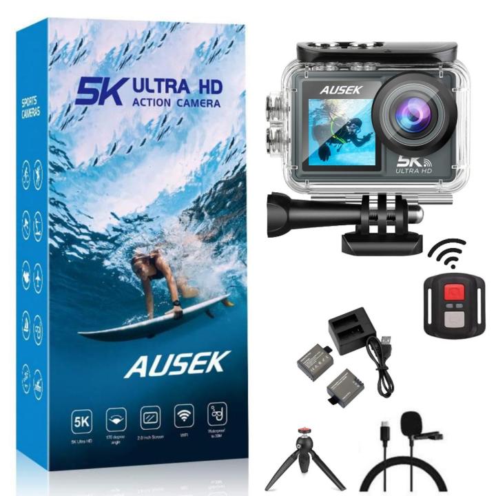 Ausek AT-M40R 5K Ultra HD Dual Screen 5K/4K Waterproof Action Camera With Extranal Microphone and Remote