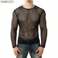 Mens Transparent Mesh T Shirt 2022 New See Through Fishnet Long Sleeve Muscle Undershirts Nightclub Party Perform Top Tees. 