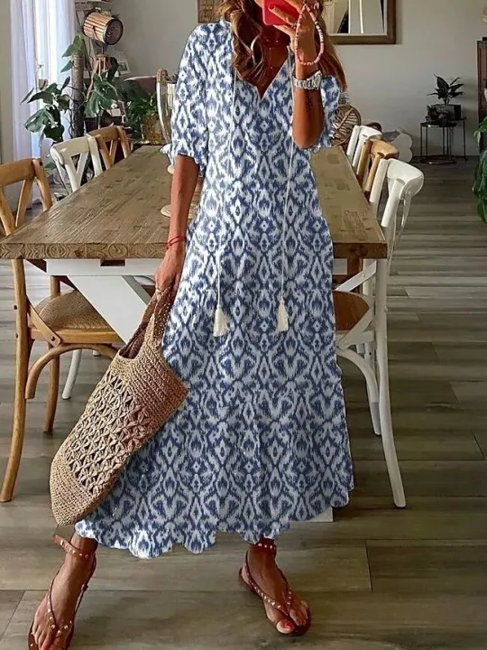 Women%20Floral%20Long%20Dress%20Retro%20V%20Neck%20Half%20Sleeve%20Dress%20Casual%20Boho%20Drawstring%20Loose%20Holiday%20Beach%20Maxi%20Dress%20Vestidos%20Femme%20-%20Image%202