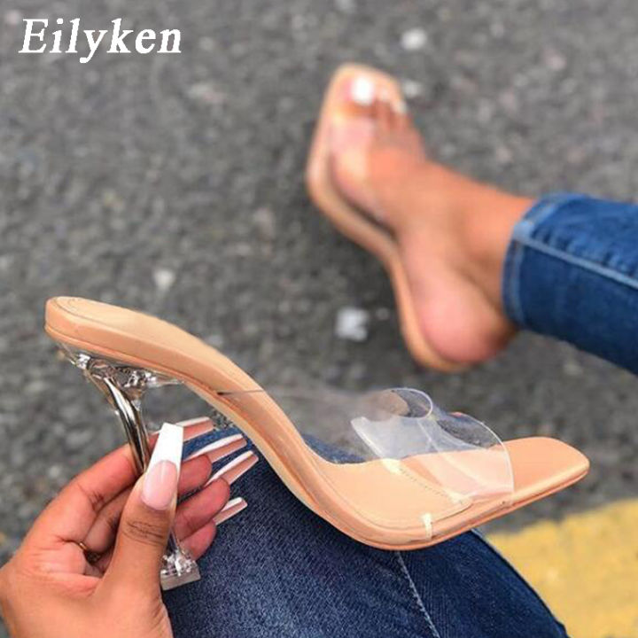 Eilyken PVC Jelly Slippers Open Toe Perspex Transparent Thin Heels Crystal Women Pumps Sandals Size 35-42
