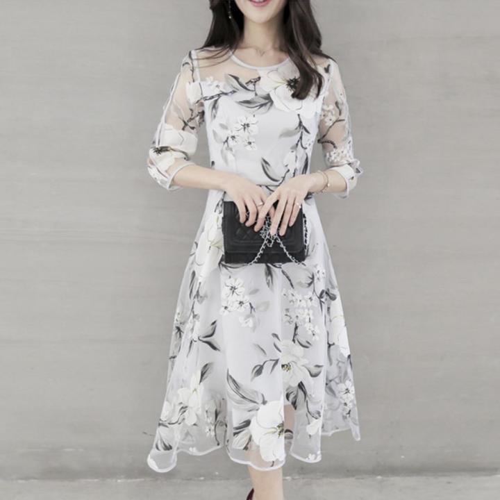 Women's Summer Organza Floral Print Wedding Party Ball Prom Gown Cocktail Dress
