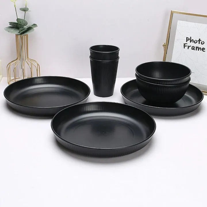 3pcs/set%20Eco-friendly%20Plastic%20Black%20Tableware%20Set%20Vertical%20Stripes%20Anti-fall%20Cutlery%20Set%20Plate/Bowl/Cup%20Party%20-%20Image%204