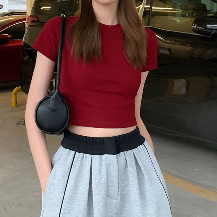 Korean%20Style%20Solid%20Color%20T%20T-shirt%20Women's%20White%20T-shirt%20Shory%20Style%20Tight%20Hot%20Girl%20Top%20Summer%20New%20Slim%20Fit%20Shoulder%20T-shirt%202023%20-%20Image%202