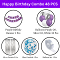 Purple Color Birthday Decoration Combo Pack With Birthday Banners, Silver Foil Curtains, Metallic Balloons, Blue Confetti and Balloon Garland Arch Decorations Kit Full Package- (Pack of 48 Pcs). 