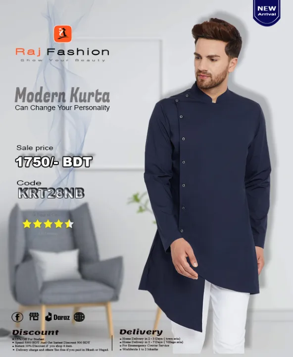 Raj%20Fashion%20Men%20Blue%20Solid%20Asymmetric%20Hemline%20A-Line%20Kurta%20-%20Image%202