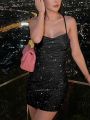 ALLNeon 90s Rave Outfit Glitter Cowl-Neck Lace Up Sequins Dress Y2K Clubwear Backless Bodycon Strape Mini Dress Party Cloth. 
