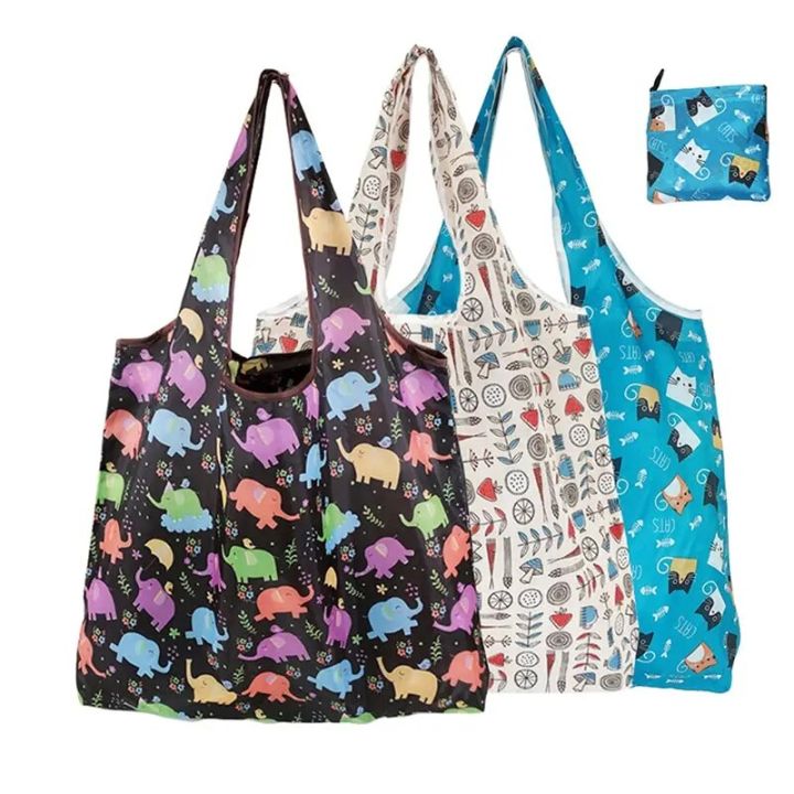 Foldable Shopping Bag Reusable Travel Grocery Bag Eco-Friendly Cute Animal Cat Cactus Lemon Printing Supermarket Tote Bag