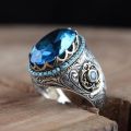 Turkish Handmade Vintage Ring for Men Blue Stone Seal Islamic Muslim Jewelry Ring.