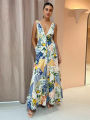 Printed Deep V-neck Dress Women Sleeveless Panelled Female Long A-line Beach Dresses 2023 Summer Street Curved Hem Backless Robe. 