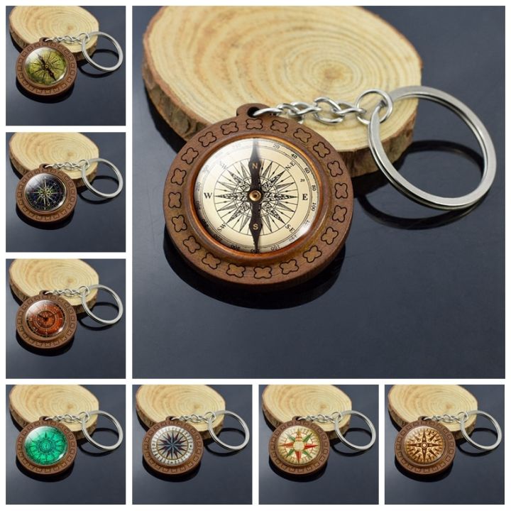 Vintage Jewelry Nautical Compass Wooden Keychain Glass Cabochon Mariner's Compass Photo Keyring for Sailing Boating Key Chain
