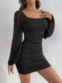Women's Square Neck Bodycon Dress Long Puff Sleeve Ruched Mini Dresses Summer Solid Color Casual Female Evening Party Dress.