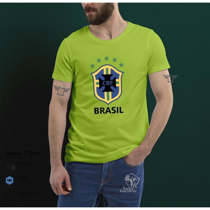 Round Neck Comfortable Jersey Fabrics With Brazilian Football Logo