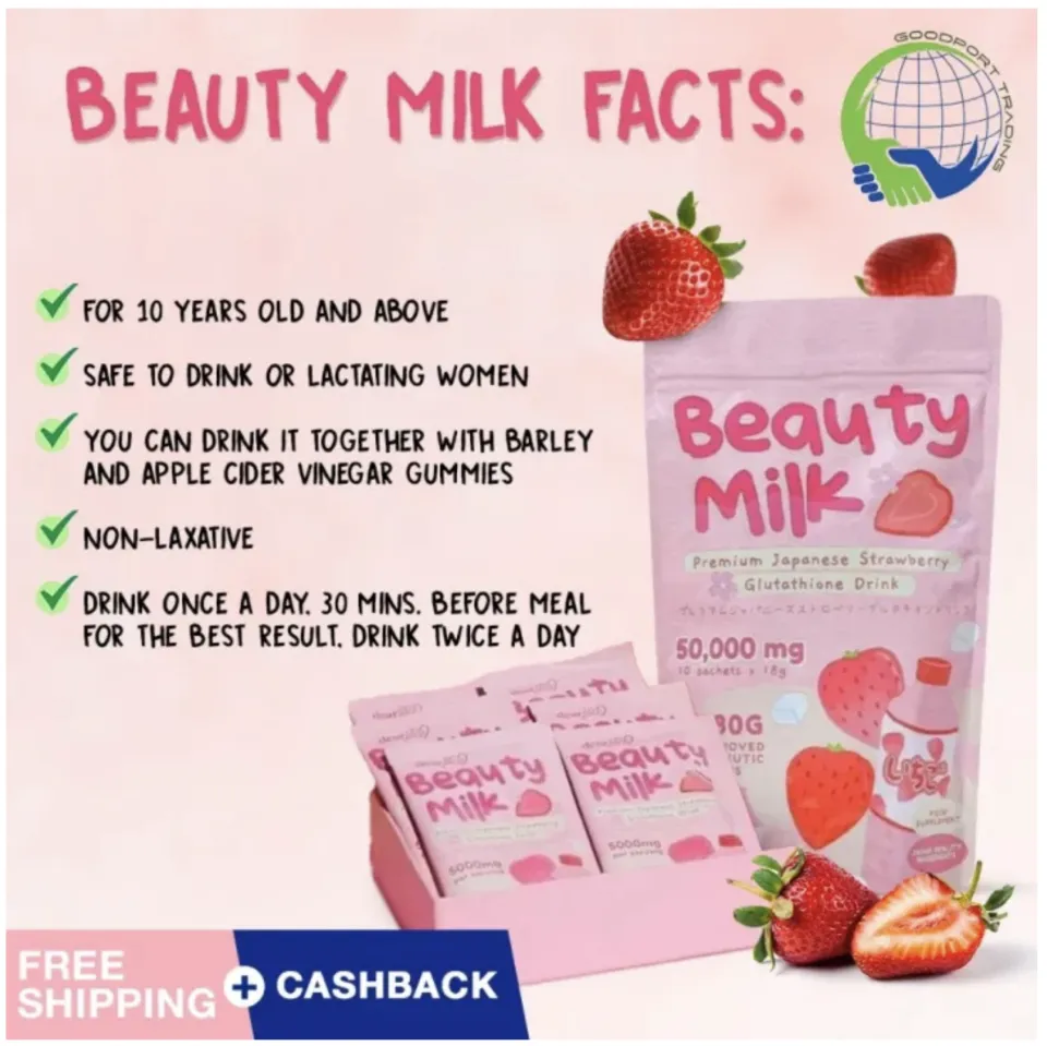 Beauty Milk Premium Japanese Strawberry Glutathione & Collagen Drink 180 GM  (18GM*10 Sachet) Glutathione, Swiss Collagen, Citocolin, Astaxanthin,  Strawberry, Asecola Cherry, Furnblock, Malberry, Rosehip, L-Carnitine,  Whitening, Brightening, Skin 