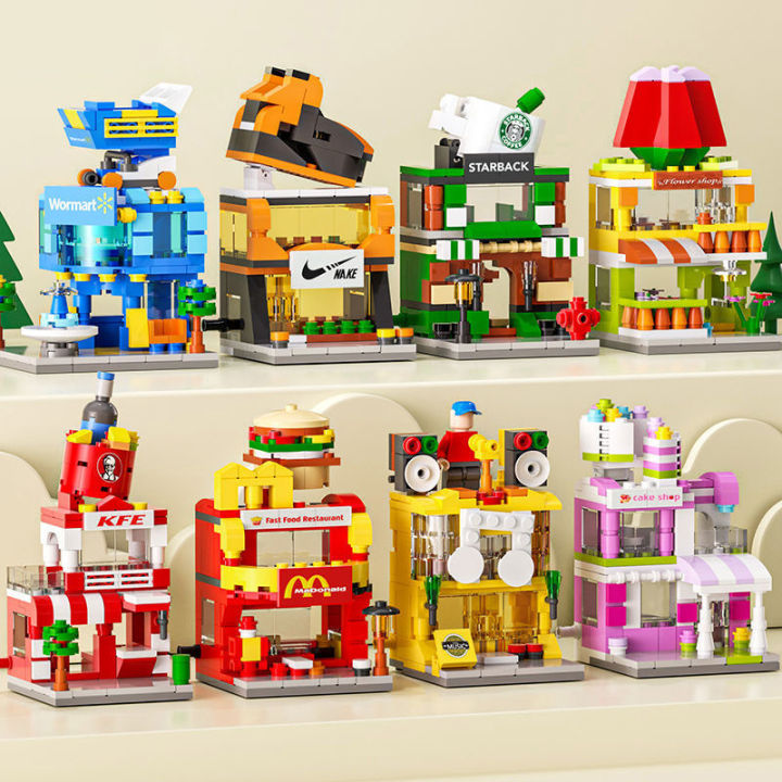 Building blocks, mini street scene, building model, children, boys, girls, puzzles, puzzles, stalls, gifts, cross-border