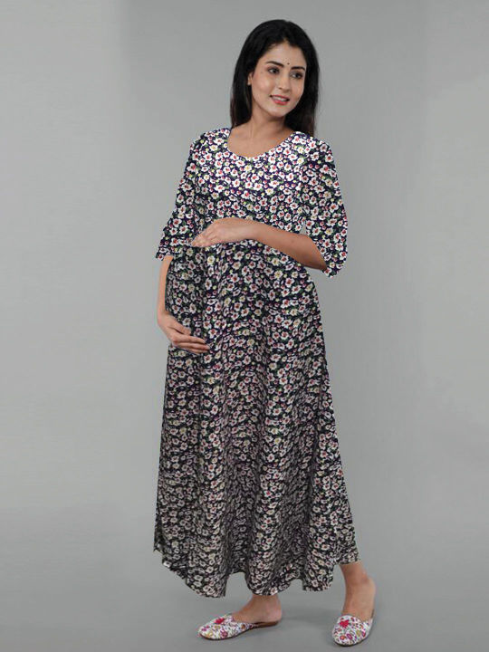 Linen%20Double%20Zipper%20Brest%20Feeding%20Maternity%20Kuchi%20Maxi%20For%20Women%20-%20Image%203