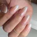 24pcs milkey gradient white glitter false nails with glue press on nails almond acrylic nail diamond ballet artificial nail.