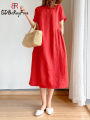 Summer Women Dress Casual Loose Short Sleeve A-LINE Oversize Solid Midi Dress Cotton Linen Dresses for Women Vestidos De Mujer.
