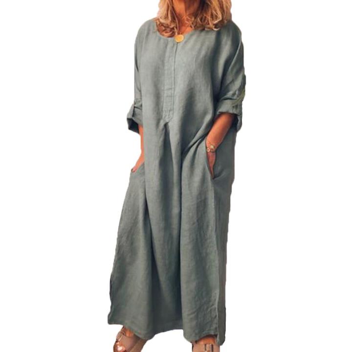 75%25%20s!!!%20Summer%20Women's%20Casual%20Solid%20Color%20Oversized%20Cotton%20Linen%20Long%20Shirt%20Kaftan%20Dress%20Loose%20Long%20Sleeve%20Dress%20House%20Foocus%20-%20Image%205