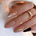 24Pcs Mid-length False Nails with Almond Head Design Brown Gold Lines Nails Oval Wearable French Press on Nail Tips. 