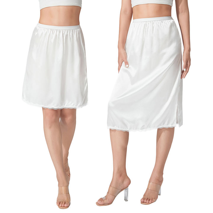 Women's Half Slips Elastic Waist Solid Color Satin Underskirt Lace Trim Skirt for Under Dresses Female Bottoming Underskirt