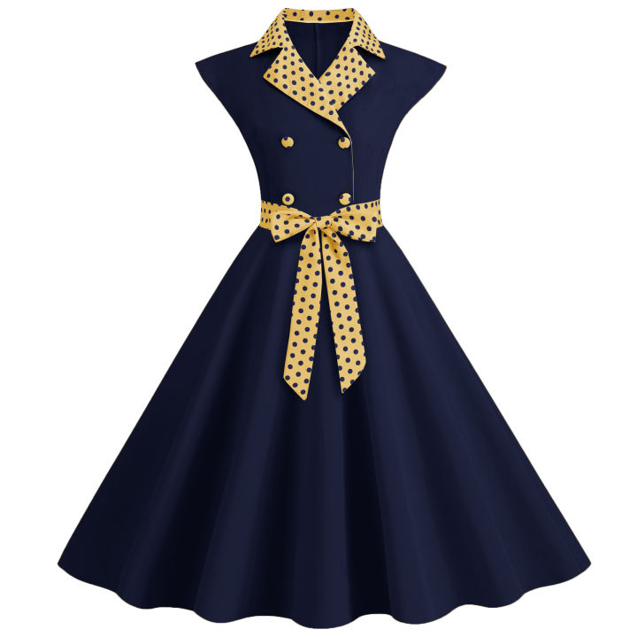 Vintage%20Office%20Lady%20Dresses%20Stand%20Collar%20Sleeveless%20Button%20Dot%20Dress%20Women%20Comfortable%20Casual%20Spring%20Summer%20Streetwear%20-%20Image%205