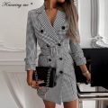 Office Lady Blazer Dress Women Notched Double Breasted Houndstooth print dress Elegant Autumn Long sleeve With Belt Dress 2XL.