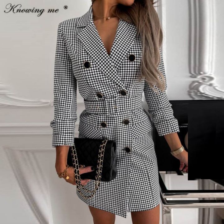 Office%20Lady%20Blazer%20Dress%20Women%20Notched%20Double%20Breasted%20Houndstooth%20print%20dress%20Elegant%20Autumn%20Long%20sleeve%20With%20Belt%20Dress%202XL%20-%20Image%203