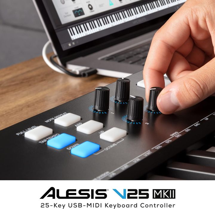 Alesis%20V25%20-%2025-Key%20Mk2%20USB%20MIDI%20Keyboard%20Controller%20with%20Backlit%20Pads,%204%20Assignable%20Knobs%20and%20Buttons,%20Professional%20Software%20Suite%20Included%20-%20Image%202