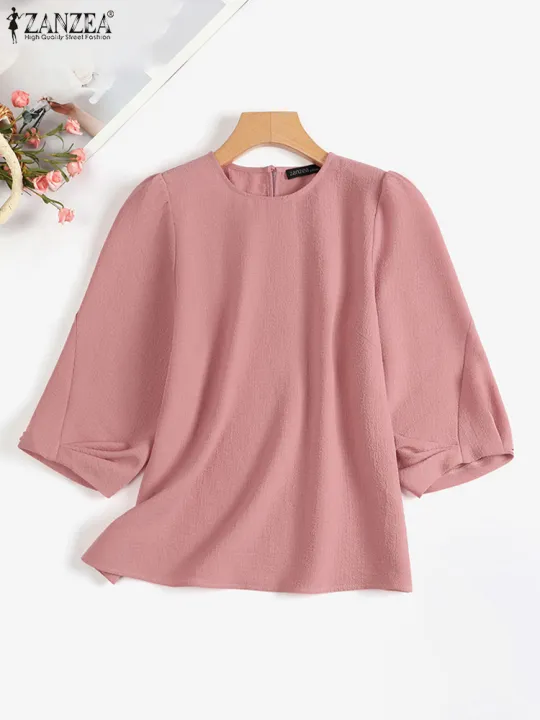 Autumn%20Spring%20Women%20Blouses%202023%20ZANZEA%20Solid%20Tops%203/4%20Sleeved%20Office%20O-Neck%20Shirts%20Blusas%20Casual%20Streetwear%20Female%20Tunic%20House%20Foocus%20-%20Image%205