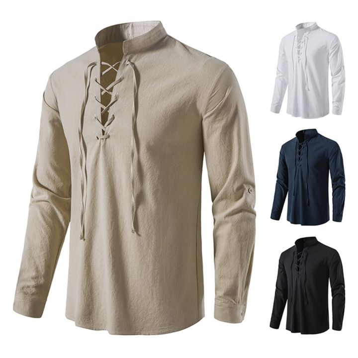2023%20New%20Men's%20Casual%20Blouse%20Cotton%20Linen%20Shirt%20Tops%20Long%20Sleeve%20Tee%20Shirt%20Spring%20Autumn%20Slanted%20Placket%20Vintage%20Yoga%20Shirts%20-%20Image%202