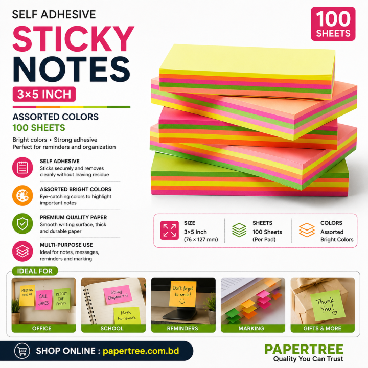 Self Adhesive Sticky Notes 3×5 Inch Assorted Colors 100 Sheets Memo Notes Paper