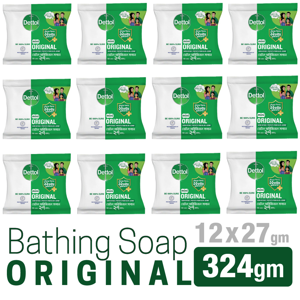 Dettol Mini Soap Original Pack of 12 (27gm x 12pcs) 324gm Bathing Bar, Soap with protection from 99.99% illness-causing germs