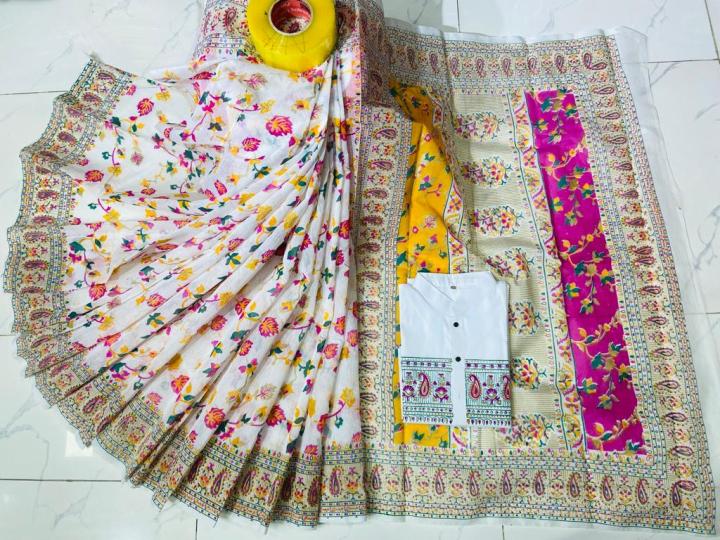 New Designer Screen Print Half Silk Saree And Dhupiyan Cotton Panjabi For Combo Couple set