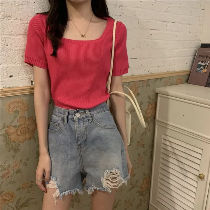 Short%20Sleeve%20Square%20Collar%20Top%20Women's%20Clothing%20New%20Spring%20and%20Summer%20Ice%20Silk%20Sweater%20Thin%20Slim%20Fit%20Slimming%20ins%20Tide%20-%20Image%204