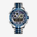 NAVIFORCE NF9188 Men's Stainless Steel Luxury Fashionable Classic Dual Time Wrist Watch For Men-Silver and Royal Blue. 