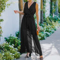 Women’s Casual Sleeveless Long Dress Fashion Solid Color V-neck Bandage High Waist Slit Dress. 