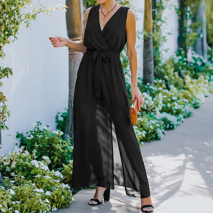 Women%E2%80%99s%20Casual%20Sleeveless%20Long%20Dress%20Fashion%20Solid%20Color%20V-neck%20Bandage%20High%20Waist%20Slit%20Dress%20-%20Image%206