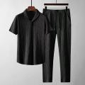 2Pcs/Set Summer Men's Suit Elastic Waistband Pleated Casual Outfit Men Business Short Sleeve Shirts Long Pants Set Male Clothing. 