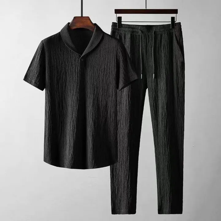 2Pcs/Set%20Summer%20Men's%20Suit%20Elastic%20Waistband%20Pleated%20Casual%20Outfit%20Men%20Business%20Short%20Sleeve%20Shirts%20Long%20Pants%20Set%20Male%20Clothing%20-%20Image%203