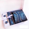 New 8CM Ties Set For Men Cufflink Pocket Square Business Tie Clips Handkerchief Mens Striped Wedding Party Necktie With Gift Box(Blueberry). 
