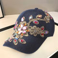 Women Baseball Hat Comfortable Women Rhinestone Flower Denim Hat. 