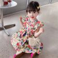 1-7 Year Baby Girl Summer Dresses Flower Print Princess Skirt Fashion Kids Flying Sleeves Dress Children Thin Cotton Clothes 원피스. 