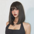 Straight Bob Synthetic Wigs Dark Brown Hair with Bangs for Women Shoulder Length Wig Daily Use Heat Resistant Korean Hairstyle. 