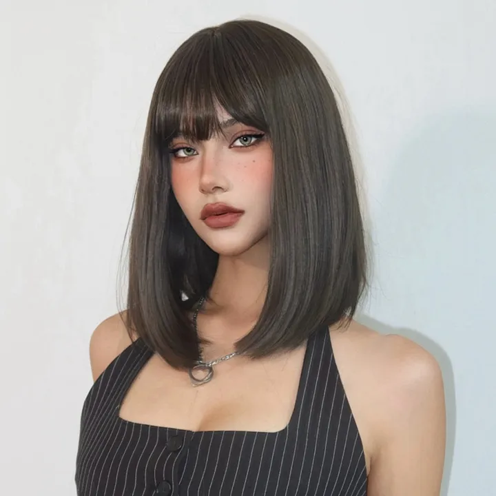 Straight%20Bob%20Synthetic%20Wigs%20Dark%20Brown%20Hair%20with%20Bangs%20for%20Women%20Shoulder%20Length%20Wig%20Daily%20Use%20Heat%20Resistant%20Korean%20Hairstyle%20-%20Image%203