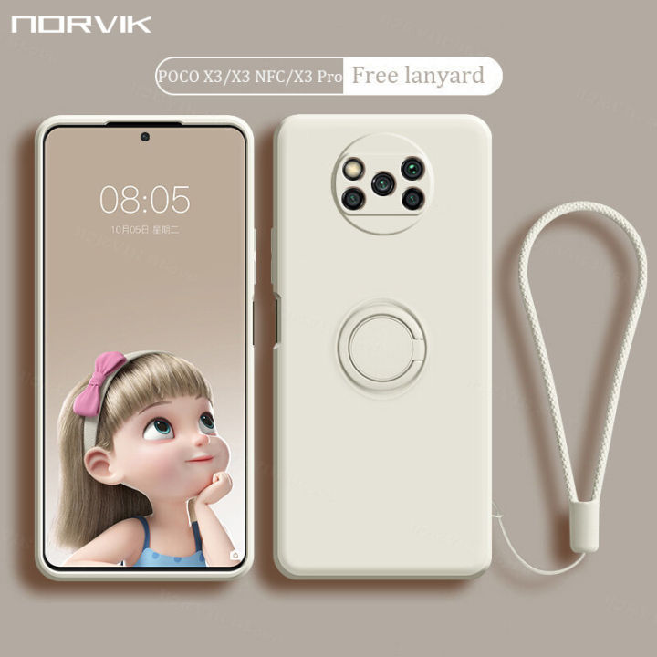 Phone Case For Xiaomi POCO X3 NFC POCO X3 POCO X3 Pro Casing Liquid Silicone Ring Bracket Soft TPU Back Cover With Lanyard