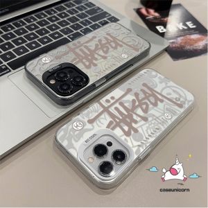 Bilashmart Trendy Brand Cool English Graffiti Cute Smiley Couple Case Compatible for IPhone 16 15 13 14 11 12 Pro Max 7Plus 15 14 16 8 7 Plus XR X XS Max SE 2020 Luxury Plated Metal Lens Case
